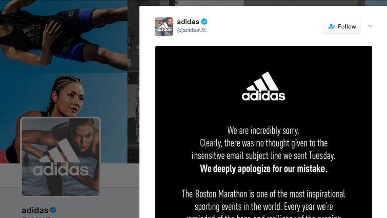 lichten hoog petticoat Adidas sorry over 'you survived Boston Marathon' email | World News | Sky  News