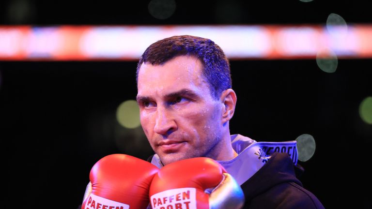 Wladimir Klitschko looks on in the ring prior to his fight against Anthony Joshua for the IBF, WBA and IBO Heavyweight World Title bout at Wembley Stadium 