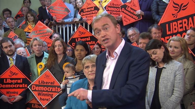 Tim Farron speaks to Sky News at a campaign event in Vauxhall