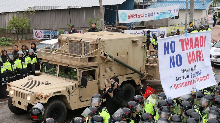 Parts of the THAAD missile defence system being deployed in South Korea