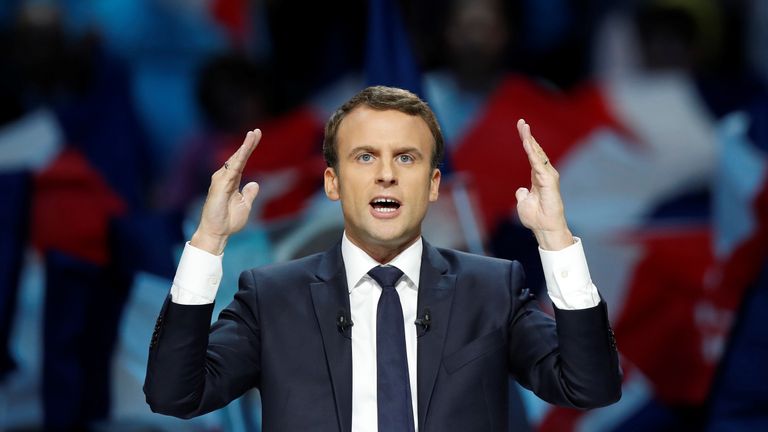 Emmanuel Macron campaigning in Paris on 17 April