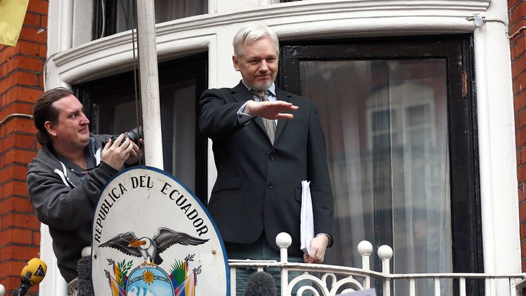 WikiLeaks founder Julian Assange at the balcony of the Ecuadorian Embassy in February 2016