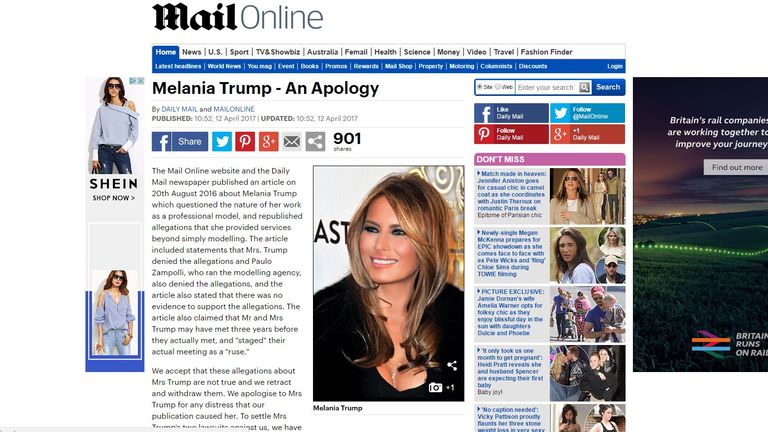 The Daily Mail apologised to Mrs Trump &#39;for any distress that our publication caused her&#39;

