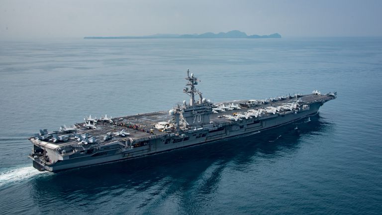 The US aircraft carrier USS Carl Vinson transits the Sunda Strait, Indonesia, on 15 April 