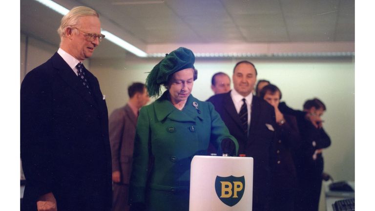 The Queen and then BP chairman Sir Eric Drake at the inauguration of the the Forties Pipeline System in November 1975. 