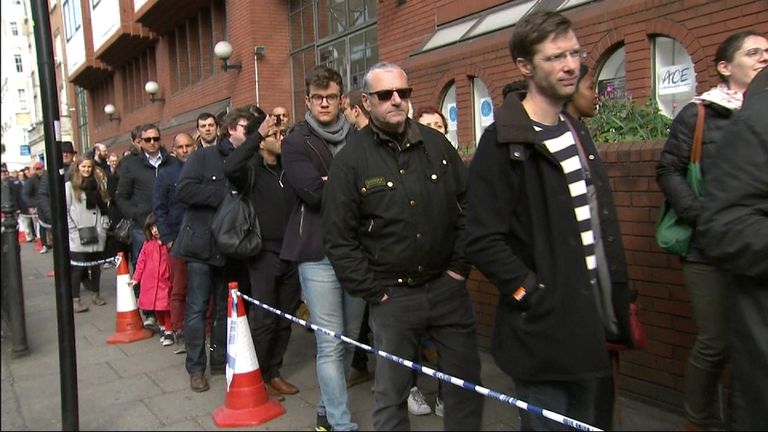 Queues outside a French presidential election polling station in South Kensington, London