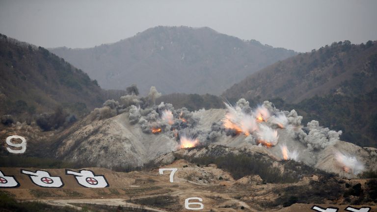 Explosions at targets during U.S.-South Korea joint live-fire military exercise at training field near the DMZ in Pocheon