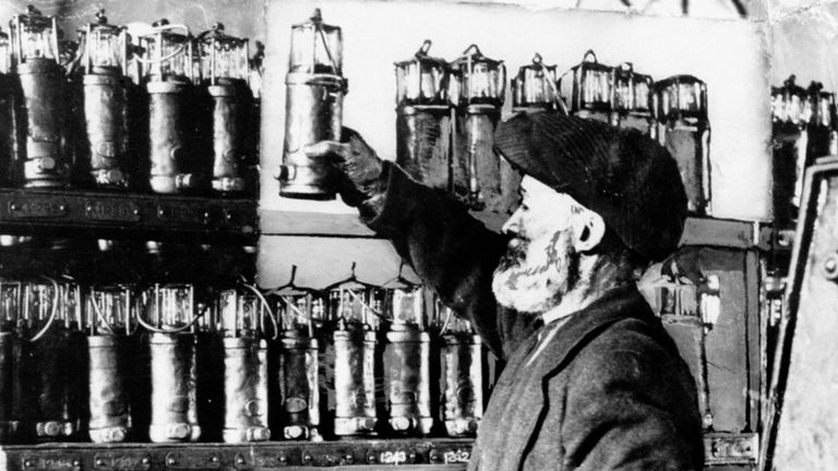 Storing miners&#39; safety lamps (known as Davy Lamps) at the Lewis Merthyr Colliery in Pontypridd, near Cardiff.