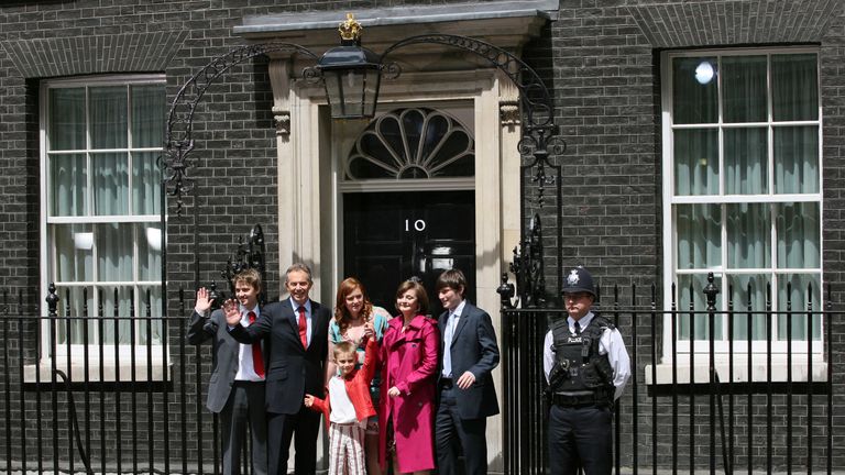 Tony Blair waves goodbye with his family on the steps of 10 Downing Street, 27 June 2007