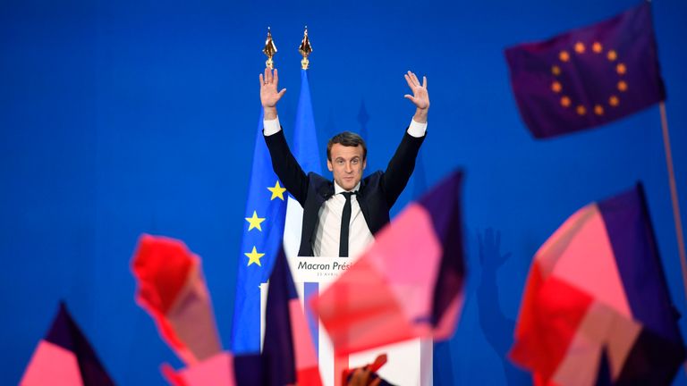 Emmanuel Macron addresses supporters in Paris