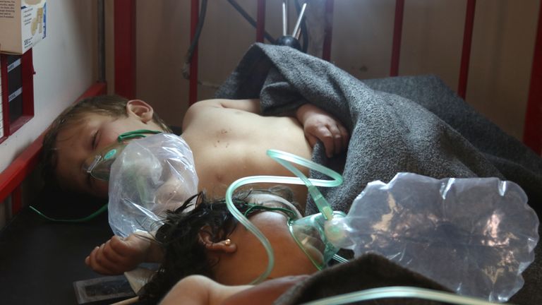 Syrian children receive treatment following a suspected toxic gas attack in Khan Sheikhun,  in the northwestern Syrian Idlib province