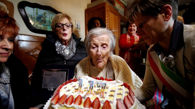 Emma Morano blows candles during her 117th birthday in Verbania, northern Italy, last November