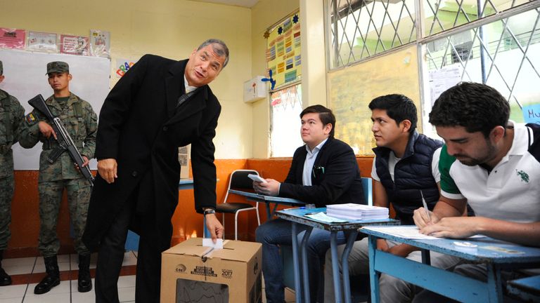 Outgoing president Rafael Correa casts his vote in Ecuador&#39;s election