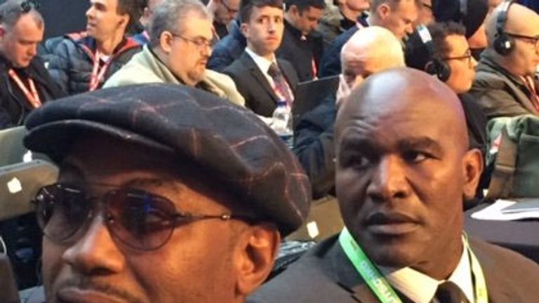 Lennox Lewis and Evander Holyfield‏ ringside. Pic: Sky Sports 