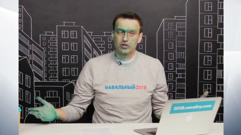 In an online broadcast, Alexei Navalny confirmed he had suffered a chemical burn in his right eye and had to go to a hospital