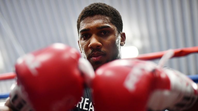 SHEFFIELD, ENGLAND - APRIL 19:  Anthony Joshua looks on during the media workout at EIS Sheffield on April 19, 2017 in Sheffield, England.  (Photo by Dan M