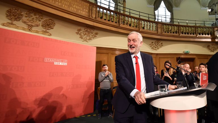 Labour Party&#39;s leader Jeremy Corbyn gives a speech in central London