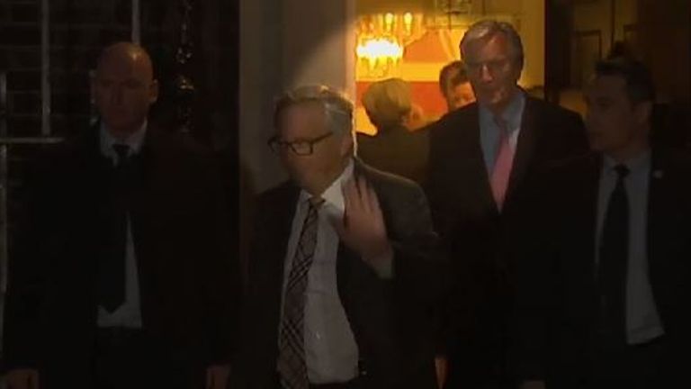 The Prime Minister appears to be laughing as she bids goodnight to the EU delegation