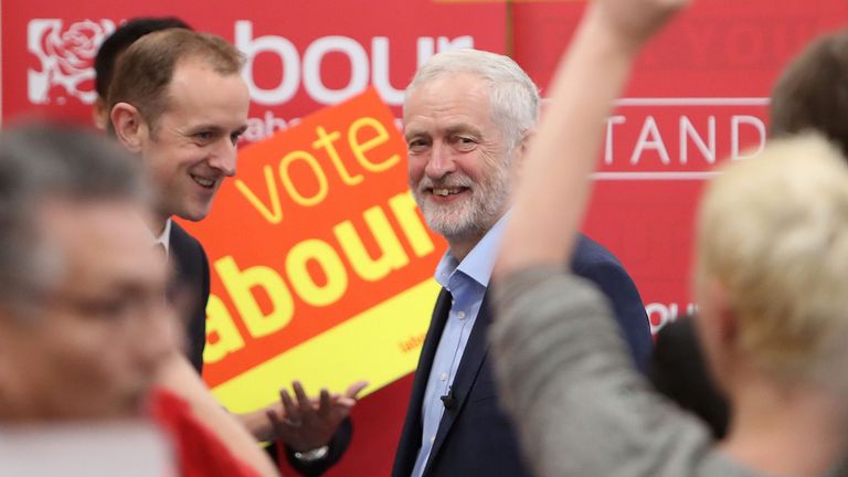 Jeremy Corbyn smiles after delivering a stump speech in Swindon