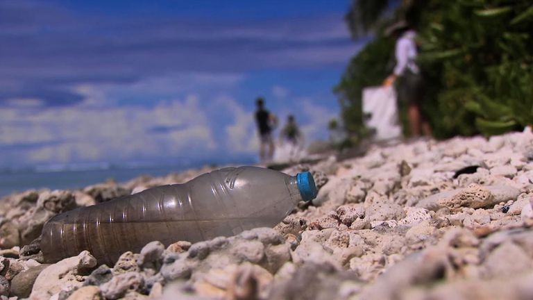 A plastic bottle on a beach on the Cocos Keeling Islands
