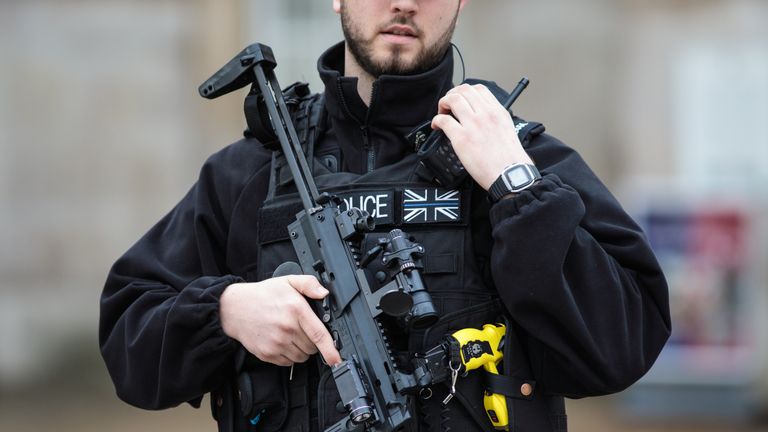 An armed police officer stands guard on Whitehall following the Westminster attack