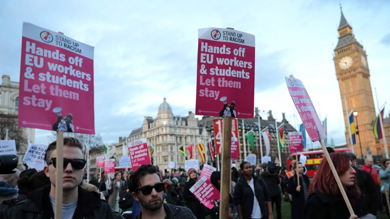 People demonstrated in support of EU citizens&#39; rights at an event in March