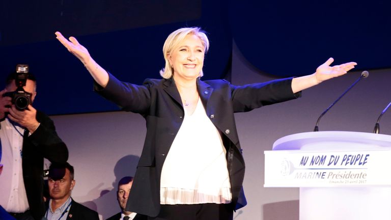 French presidential election candidate for the far-right Front National (FN) party Marine Le Pen arrives to deliver a speech in Henin-Beaumont, on April 23, 2017, after the first round of the Presidential election