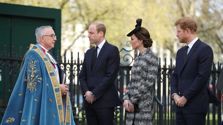 The Very Reverend Dr John Hall, Dean of Westminster receives Prince William, Duke of Cambridge, Catherine, Duchess of Cambridge and Prince Harry