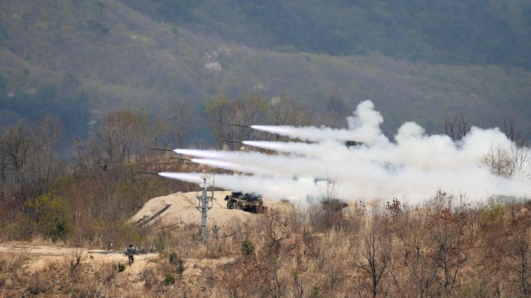South Korean Army&#39;s MLRS fires during U.S.-South Korea joint live-fire military exercise at a training field near the DMZ in Pocheon