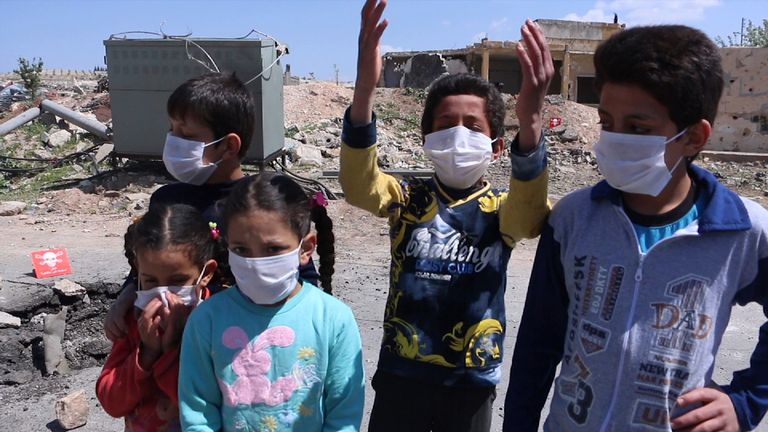 Children in Khan Sheikhoun in Idlib, where the chemical attack took place