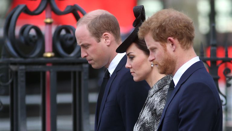Prince William (left), the Duchess of Cambridge (centre) and Prince Harry (right)