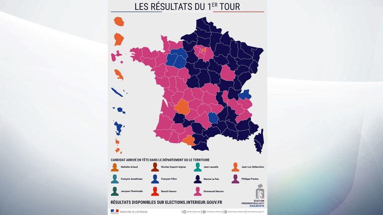A map showing how France voted with Macron shaded pink, Le Pen (purple), Fillon (blue) and Melenchon (orange).