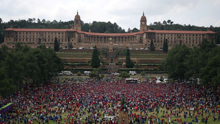 Protesters gathered outside the Union Buildings, the centre of South African government in the capital, Pretoria