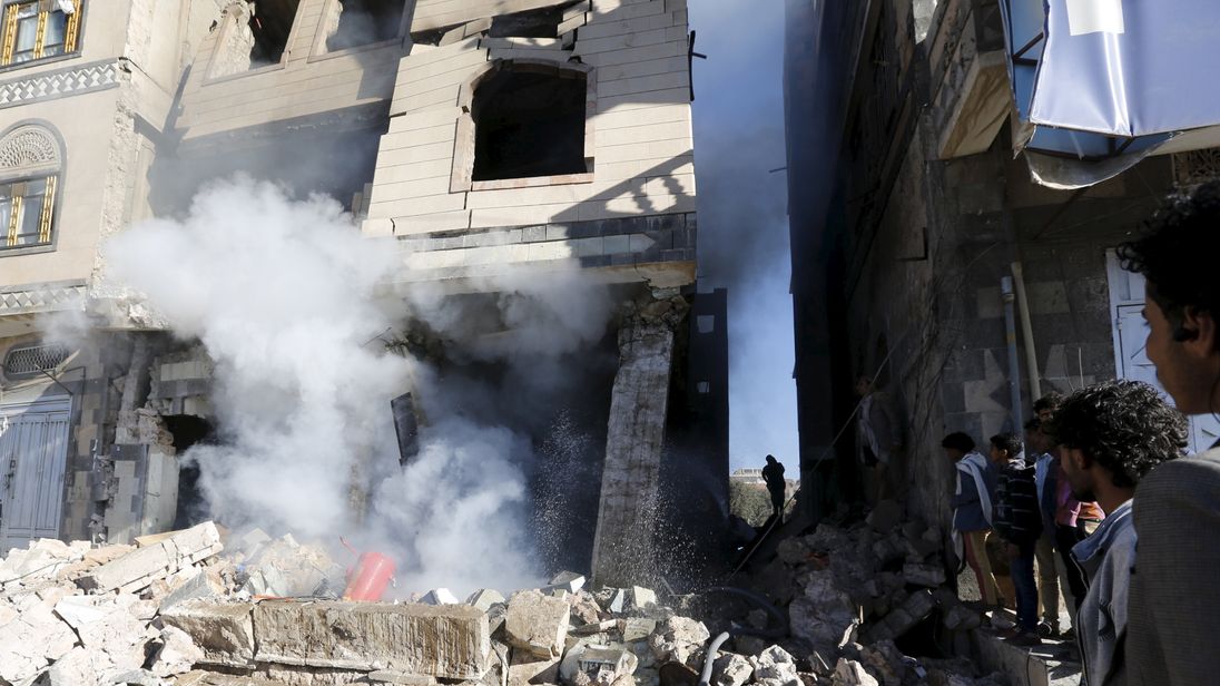 Building damaged in a Saudi-led airstrike in Yemen