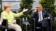 German Chancellor Angela Merkel and former U.S. President Barack Obama attend a discussion in Berlin on 25 May, 2017