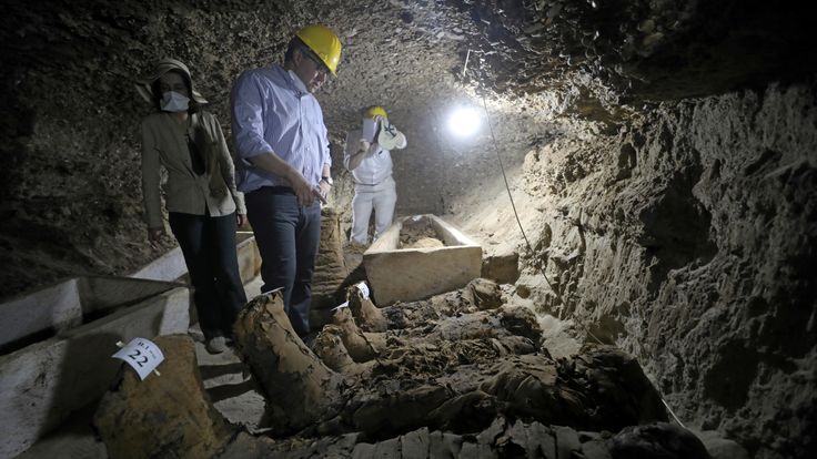 Minister of Antiquities Khaled Al-Anani inside a newly discovered burial site in Minya