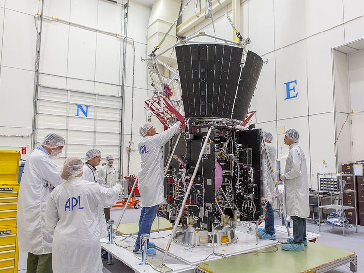Mission integration and test team members secure critical thermal-protection components on the Solar Probe Plus spacecraft. Pic: NASA/Johns Hopkins University Applied Physics Laboratory