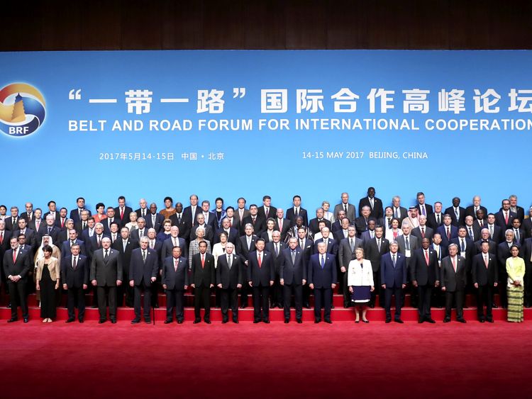 Chinese President Xi Jinping and delegates attending the Belt and Road Forum pose for a group photo in Beijing, China May 14, 2017. Courtesy of Xinhua/Pang Xinglei/Handout via REUTERS ATTENTION EDITORS - THIS IMAGE WAS PROVIDED BY A THIRD PARTY. CHINA OUT. EDITORIAL USE ONLY. NO RESALES. NO ARCHIVE.