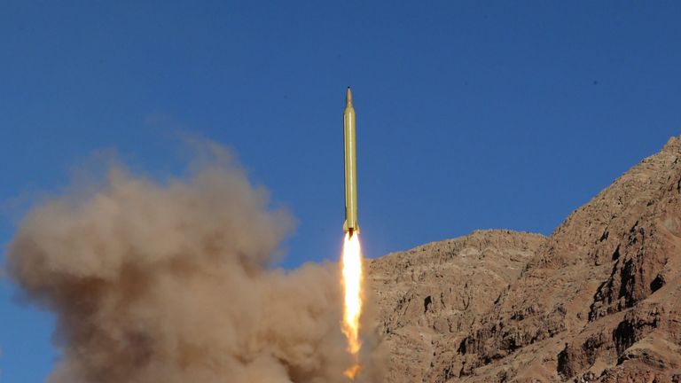 A ballistic missile is launched and tested in an undisclosed location, Iran, March 9, 2016. 