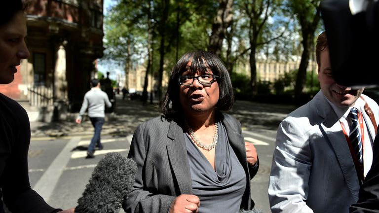 Diane Abbott arrives at Millbank as her gaffe stole the headlines