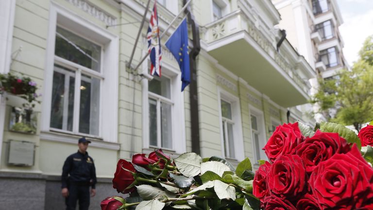 Flowers were left in tribute to the victims outside the British embassy in Kiev by the Ukrainian Prime Minister Volodymyr Groysman 