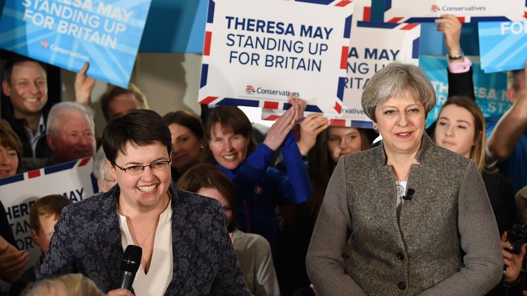 Scottish Conservative leader Ruth Davidson campaigning with Theresa May in Banchory last month