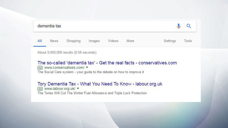 Google advertisements bought by Labour and the Tories