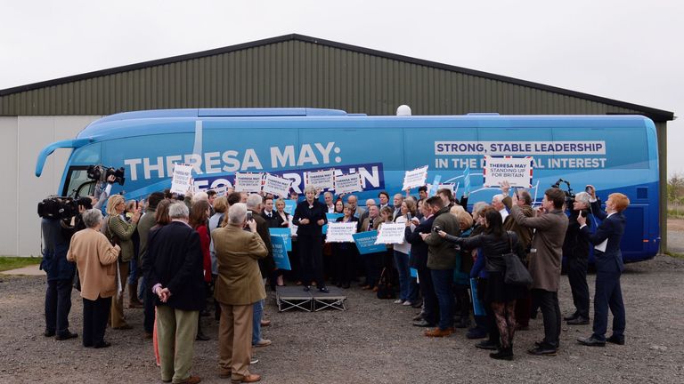 Conservative leader Theresa May at the launch of the party&#39;s campaign bus at Eshott airfield, Northumberland.