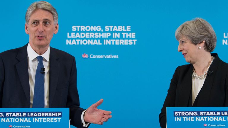 Theresa May and Philip Hammond during a general election campaign event in east London