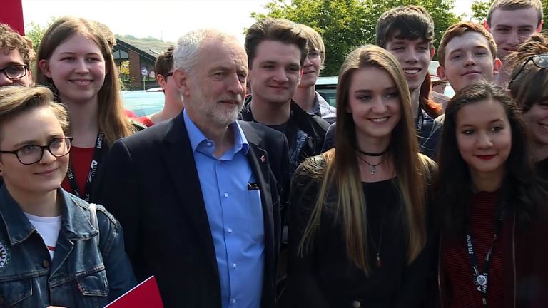 Jeremy Corbyn with first-time voters at a Leeds college