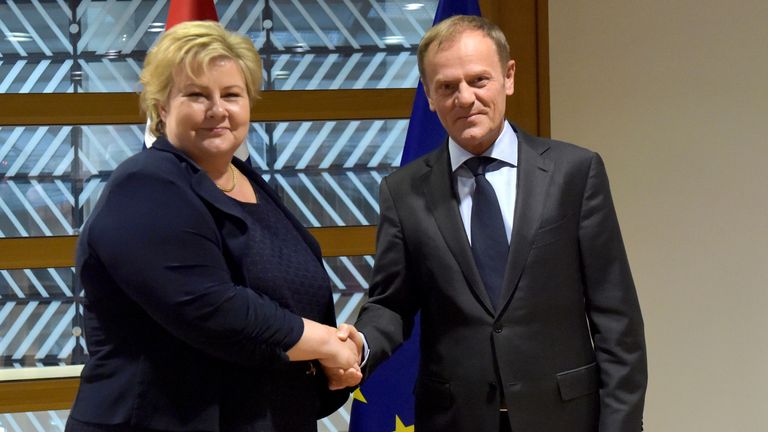 European Council President Donald Tusk meets with Norwegian Prime Minister Erna Solberg