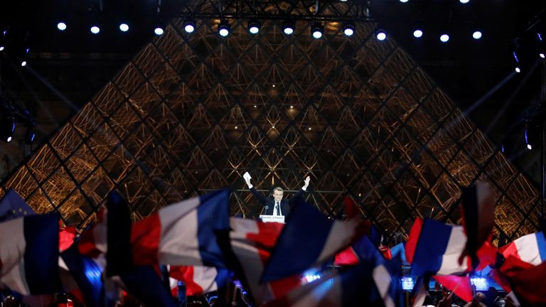 Emmanuel Macron  celebrates the election win at a rally at the Louvre 