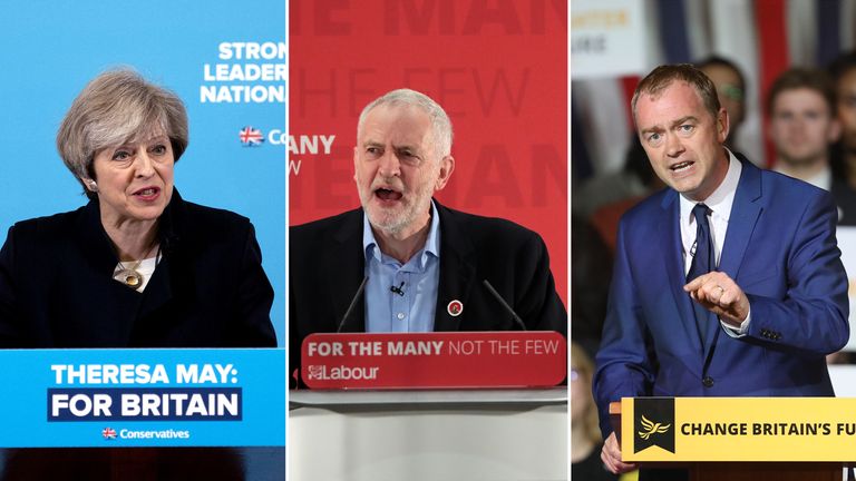 The Conservatives&#39; Theresa May, Labour&#39;s Jeremy Corbyn and the Lib Dems&#39; Tim Farron