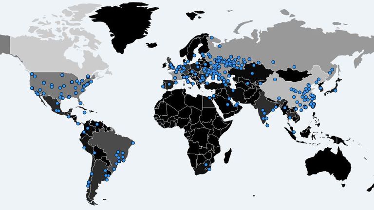 The blue dots show where there have been Wannacry attacks: Pic: Malwaretech